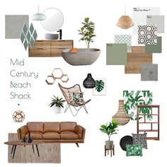 a collage of different furniture and decor items in shades of green, brown, grey and white