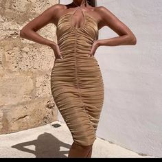 Has An Extra Lining Not See Through, Very Soft Material, Good Quality Sizes M;L Length Approximately 35”;36” Brand New Offers Are Welcome 122120a Sum4398a Gold Beige Bodycon Dress For Date Night, Beige Ruched Bodycon Dress For Party, Beige Midi Dress For Brunch, Brown Stretch Halter Neck Dress, Stretch Brown Halter Neck Dress, Brown Bodycon Dress For Date Night, Beige Midi Length Bodycon Dress, Beige Bodycon Halter Neck Dress, Chic Beige Bodycon Dress For Beach