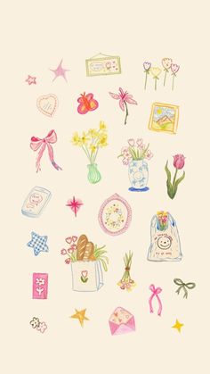 an image of flowers and gifts on a white background with pink, blue, green, yellow