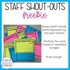 a pile of colorful post it notes with the words, staff shut - outs freebie