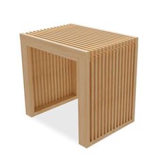 a small wooden table sitting on top of a white surface with vertical slats covering it