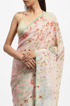 Soft pink saree featuring galaxy of flowers print embellished with tikki stones. Comes with a running blouse piece. - Aza Fashions Embellished Saree, Satya Paul, Blouse For Women, Flowers Print, Pink Saree, Printed Sarees, Blouse Pattern, Silk Crepe, Pink Silk