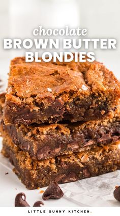 chocolate brown butter blondies stacked on top of each other with the title above it