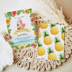 some pineapples and other items are on a doily with a white blanket