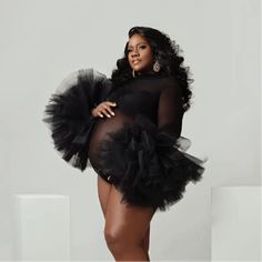 MQTIME - Maternity Puffy Ruffled Sleeve Photography Bodysuit Fashion Black See Thru Tulle Dress For Pregnant Women Photo Shoot Clothing Elegant Black Ruffled Tutu Dress, Black Ruffled Tutu Dress For Parties, Black Tutu Dress With Ruffles For Party, Fitted Long Sleeve Tutu Dress With Ruffles, Dress For Pregnant, Fluffy Top, Tulle Bodysuit, Dress For Pregnant Women, Maternity Photography Props