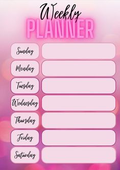 a weekly planner with pink lights in the background