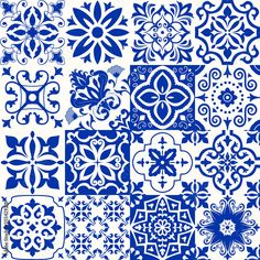 blue and white patterns on a white background