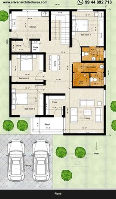 the floor plan for a two story house with three car garages and an attached parking lot