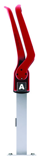 a red and white object on a stand with the letter a in it's center