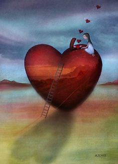 a woman sitting on top of a giant red heart with a ladder going up to it