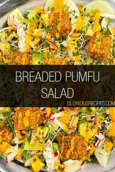 this is a salad with breaded pumpkins on top and dressing in the middle