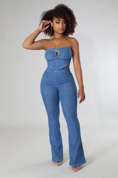 Two piece set Crop top Strapless Side zipper closure High waisted pants Flare bottoms Zipper closure 63% cotton 32% polyester 3% rayon 2% spandex Wash cold Model is wearing a small Fitted Cropped Flare Jeans, Stretch Cotton High-rise Denim Jumpsuit, Fitted Cropped Denim Flare Jeans, Stretch Cotton Denim Jumpsuit In High Rise, Stretch Cotton Denim Jumpsuit High Rise, High Rise Stretch Cotton Denim Jumpsuit, Stretch Denim Jumpsuit For Night Out, Stretch High Waist Denim Jumpsuit For Night Out, Stretch Cropped Flare Denim Jeans