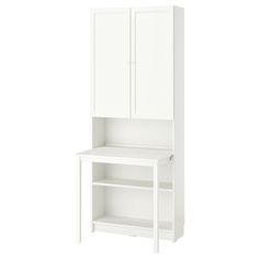 a white cabinet with two doors on the front and one door open to reveal a shelf