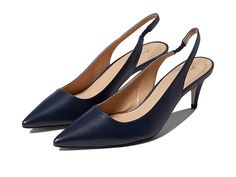 Massimo Matteo Colette Slingback - Women's Shoes : Navy Leather : Featuring a sleek and chic design, the Massimo Matteo Colette Slingback heels complement your dressy look. Leather upper. Leather and synthetic lining. Leather insole. Slip-on style with slingback strap and elasticized detail. Pointed toe. Low heel. Synthetic outsole. Made in Brazil. Measurements: Weight: 7 oz Product measurements were taken using size 8.5, width M. Please note that measurements may vary by size. Weight of footwea Elegant Synthetic Slingback Sandals With 4-inch Heel, Elegant Synthetic Slingback Pumps For Night Out, Chic Synthetic Slingback Pumps With Low Heel, Chic Synthetic Slingback Pumps With Ankle Strap, Chic Low Heel Synthetic Slingback Pumps, Chic Synthetic Low Heel Slingback Pumps, Chic High Heel Synthetic Slingback Pumps, Chic Synthetic Slingback Sandals With Sculpted Heel, Elegant Synthetic Slingback Pumps With 4-inch Heel