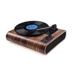 an old fashioned record player with vinyl on it's wooden stand, isolated against a white background