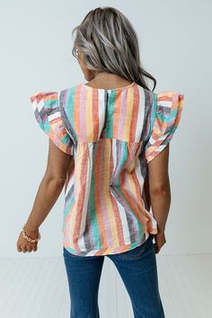 Life's a party, so dress like it in this darling top featuring lightweight material patterned with colorful accent stripes, a high rounded neckline, tiered ruffle cap sleeves, and a relaxed silhouette that falls into a straight hemline!   Measurements XS variant has  a Bust of 34",  a Hip of 42",  a Length of 23",  a Sleeve Length of 3.5",  a Waist of 38".  S variant has  a Bust of 36",  a Hip of 44",  a Length of 23.5",  a Sleeve Length of 3.5",  a Waist of 40".  M variant has  a Bust of 38", Plus Size Mini Dresses, Bodycon Floral Dress, Plus Size Outerwear, Cap Sleeve Top, Swimsuits High Waisted, Plus Size Sweaters, Rounded Neckline, Plus Size Maxi Dresses, Jeans Size Chart