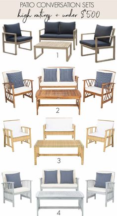 patio conversation sets with blue and white cushions, including two couches, one chair, the