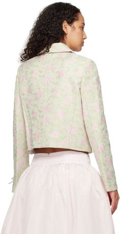 Polyester brocade jacket. Jacquard floral pattern throughout. · Peter Pan collar · Button closure · Patch pockets · Padded shoulders · Bow appliqué and logo patch at cuff · Full logo-woven satin lining Supplier color: Mint multi Tailored Floral Embroidered Blazer For Spring, Chic Long Sleeve Blazer With Floral Embroidery, Formal Floral Print Outerwear For Spring, Spring Elegant Jacquard Blazer, Elegant Spring Jacquard Blazer, Tailored Floral Print Spring Outerwear, Fitted Jacquard Blazer For Spring, Elegant Jacquard Blazer For Spring, Tailored Floral Print Outerwear For Spring