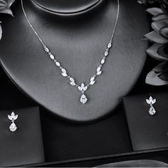 Wedding Jewelry - Cubic Zirconia Bridal Jewelry Set - Available Silver and Rose Gold Delicate Bridal Jewelry, Simple Bridal Necklace, Long Diamond Necklace, Bridal Necklaces, Diamond Necklace Wedding, Dragon Wedding, Bridal Necklace Designs, Prom Inspo, Prom 2024