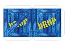 an open blue door with the word drop on it and two yellow letters that say drop