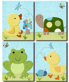 four square pictures with animals and birds on the same page, one has a turtle