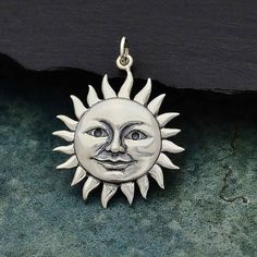 Sterling Silver Large Smiling Sun Pendant - Poppies Beads n' More Smiling Sun, Sun Charm, Sun Pendant, Halloween Charms, Monogram Jewelry, Celestial Jewelry, Feather Charms, Life Force, The Supreme