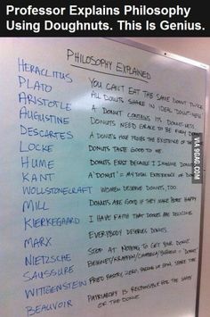 a white board with writing on it in front of a wall that says professor explains philosophy using donuts this is genius