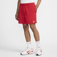 Pull on a pair of our lightweight French terry Flow shorts from Nike Club and get on with your day in style and comfort. Relaxed through the seat and thighs, they're perfect for pairing with a T-shirt for a day in the sun. Red Relaxed Fit Comfortable Bottoms, Comfortable Red Relaxed Fit Bottoms, Red Athleisure Shorts For Loungewear, Red Sportswear Bottoms For Leisure, Red Cotton Leisure Shorts, Red Relaxed Fit Shorts For Loungewear, Comfortable Nike Cotton Shorts, University Red Cotton Sporty Shorts, Sporty University Red Nike Shorts