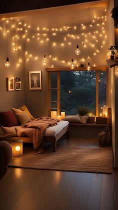 The combination of lights, decorations, and the wooden furniture creates an inviting atmosphere filled with warmth and holiday cheer. Cozy Bedroom Led Lights, Bedroom Twinkle Lights, Warm Lighting Bedroom, Bedroom Inspirations Cozy, Magical Lighting, Cozy Den, Home Decor Ideas Living Room, Bedroom Decor Cozy