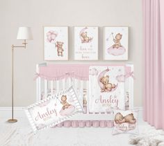 Made just for your baby girl, you're going to LOVE this pink personalized teddy bear crib bedding set! Perfect for any baby girl crib bedding, personalize this baby girl crib bedding set with your baby's name on these personalized teddy bear nursery bedding pieces for an adorable addition to your moon and stars nursery or pink baby girl teddy bear nursery! ♥ CRIB BEDDING SET OPTIONS ~ 2 Piece Set: Teddy bear crib sheet of your choice Personalized baby girl blanket ~ 3 Piece Set: Teddy bear crib sheet of your choice Personalized baby girl blanket Personalized girl nursery pillow ~4 Piece Set: 2 teddy bear crib sheets (both crib sheet #1 AND crib sheet #2 - 1 of each) Personalized teddy bear baby blanket Personalized girl nursery pillow ♥ ADD ONS ~ Matching Changing Pad Cover: You have the o Bear Crib Bedding, Teddy Bear Nursery Decor, Teddy Bear Wall Art, Baby Girl Crib Bedding Sets, Matching Wall Art, Teddy Bear Baby Blanket, Bedding Pink, Teddy Bear Nursery, Stars Nursery