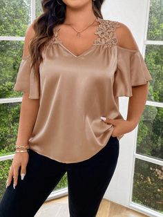 Plus Size Solid Color V-Neck Embroidered Short Sleeve Shirt Champagne Casual  Short Sleeve Woven Fabric Colorblock,Plain,Plants,All Over Print Top Non-Stretch  Women Plus Clothing, size features are:Bust: ,Length: ,Sleeve Length: Plus Size Blouses For Women, Casual Blouse Shirts, Slim Fit Top, Embroidered Shorts, Plus Size Kleidung, Casual Tops For Women, Plus Size Blouses, Print Top, Plus Size Tops