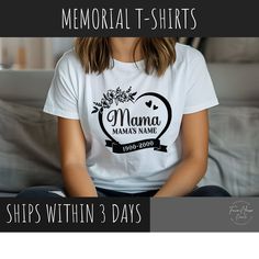 In Loving Memory Memorial T-shirt for Celebration of a life gatherings. Funerals, Vigils, Family Reunions, Memorial and Veterans day events. Need to order 10 or more? Message me for bulk purchase discount code. SIZE AND COLORS: For sizing details and color options, please see the listing images. Design size will be determined appropriate by garment size. Black and White  t-shirts are always in stock and ready to ship within 1-3 business days. Colors and bulk orders may take longer. Onesies may not be available in colors.  GILDEN Brand Unisex T-shirts are used for all T-shirts except Onesies by Gerber unless expressed differently. If you prefer another brand I am open to replacing. There will be delayed processing and adjustment of cost depending on base the t-shirt chosen. If you like the White Graphic Print Top For Anniversary, White T-shirt With Name Print For Anniversary, Anniversary T-shirt With Custom Print, Short Sleeve, Memorial Graphic Print Short Sleeve T-shirt, Anniversary Graphic Tee With Text Print, Short Sleeve Tops With Name Print For Anniversary, Mother's Day Anniversary Cotton Top, Custom Print White Tops For Anniversary, Custom Print White Top For Anniversary