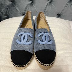 Only Worn Once! Chanel Espadrilles In Denim! Trendy Espadrilles With Rubber Sole, Trendy Flat Espadrilles With Woven Sole, Designer Spring Espadrilles With Textured Sole, Trendy Flat Espadrilles, Trendy Flat Heel Espadrilles, Spring Blue Denim Espadrilles, Trendy Blue Espadrilles For Spring, Blue Denim Espadrilles For Spring, Chic Blue Round Toe Espadrilles