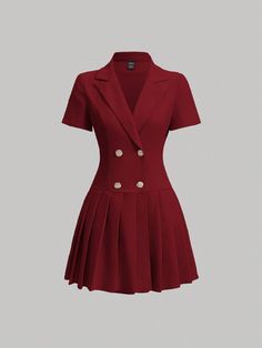 Women's Fashion Short Sleeve Stand Collar Dress With Pleats Burgundy Elegant  Short Sleeve Woven Fabric Plain Shirt Non-Stretch  Women Clothing, size features are:Bust: ,Length: ,Sleeve Length: Simple Dress For Work, Short Elegant Dresses, Elegant Red Dresses, Lawyer Clothes, Mod Fashion Women, Burgundy Clothes, Elegant Shirt Dress, Red Dress Casual, Elegant Red Dress