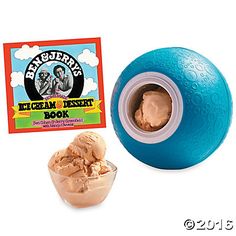 an ice cream sundae in a blue plastic container next to a ball and package