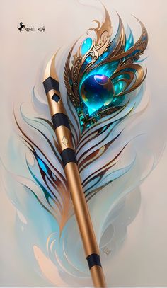 an artistic illustration of a golden feather quill with blue and gold feathers on it