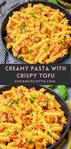 creamy pasta with crispy tofu in a skillet