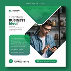 a green business flyer with a man on his phone