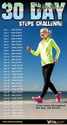 a woman running in front of the ocean with her 30 - day step challenge list