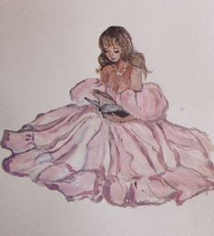 a drawing of a woman in a pink dress reading a book while sitting on the floor