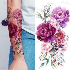 a woman's arm with flowers painted on it and another image of the same tattoo