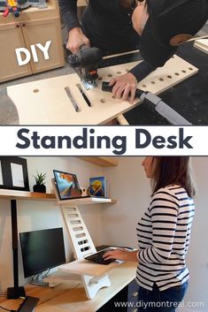 a woman working on a desk with the words diy standing desk