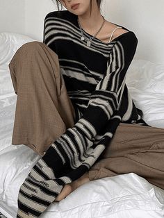 Stripe Jumper, Oversize Pullover, Y2k Long Sleeve, Pull Oversize, Oversize Knit, Oversized Knitted Sweaters, Drop Shoulder Sweaters, Sweaters Online, Loose Sweater