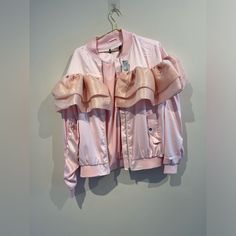 Nwot Size Small Akira Light Pink Zip Up Jacket\Cute Feminine Girly Ruffled Jacket Spring Long Sleeve Outerwear With Ruffles, Trendy Long Sleeve Outerwear With Ruffles, Pink Ruffled Long Sleeve Outerwear, Varsity Jacket Pink, Varsity Jacket Women, Ruffle Jacket, Varsity Jackets, Green Vest, Flowy Tops