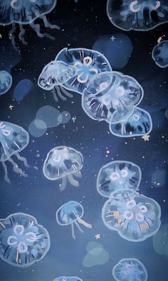 an image of jellyfish floating in the ocean at night time with stars and clouds