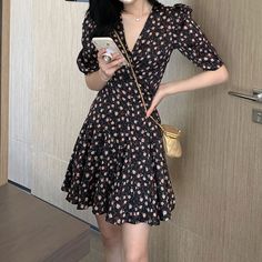 Summer Chiffon V-neck Floral Dress Fabric: Chiffon(Polyester) Size: S, M, L, XL Multiple Color Selections: Black  Season: Spring, Fall, Summer Chic Chiffon Floral V-neck Dress, Floral Print Chiffon V-neck Sundress, Beach Outfit Casual, Black Chiffon V-neck Dress With Floral Print, Dance Pants Hip Hop, Floral Print Chiffon V-neck Mini Dress, Black Floral Print V-neck Chiffon Dress, Dance Pants, Solid Color Shirt