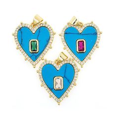 Luxury Heart Shape Pendant Jewelry Accessories Brass Pave Natural Blue Turquoise Stone Zircon  Necklace Pendant For DIY Women Charm Jewelry  ☆Size: 28x21mm ☆Link Hole Size: 2.5mm ☆Metal Material: Brass  / Zircon / Turquoise ☆Metal Finish Color: Yellow Gold,  ☆Plating：Real Gold ,Nikel free, Leadfree,Cadmium free，3 Times Fine Polishing Mirror Finish Plated , not easy to fade   Usage : Bead for bracelet, necklace or other crafts Dear guest: Thank you for entering our store. Free shipping on orders over US $ 100, orders over US $ 200 reduce US $ 10, orders over US $ 500 reduce US $ 30。 We specialize in LARGE BULK ORDERS and can offer WHOLESALE PRICING - We are located in Guangzhou, China and carry big stock for most of our listings . We ship the item to worldwide from China,so please pay atten Luxury Turquoise Jewelry With Heart Charm, Luxury Turquoise Necklace With Heart Charm, Luxury Turquoise Heart-shaped Necklaces, Luxury Heart-shaped Turquoise Necklaces, Luxury Heart-shaped Turquoise Necklace, Zircon Necklace, Bleu Turquoise, Heart Shape Pendant, Blue Turquoise