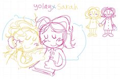 two girls are hugging each other with the words yolay and saran above them