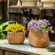 two wicker baskets filled with flowers sitting on top of a wooden table next to other potted plants