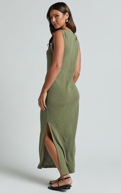 Jessenia Maxi Dress - Linen Look High Neck Dress in Olive Fitted High Neck Sleeveless Summer Dress, Fitted High Neck Maxi Dress For Summer, Chic High Neck Maxi Dress For Beach, Summer Linen Midi Dress With Side Slits, Spring High-neck Dress With Side Slits, Spring High Neck Dress With Side Slits, Elegant Summer Sleeveless Dress With Side Slits, Spring High Neck Maxi Dress With Side Slits, Summer Stretch Maxi Dress With Side Slits